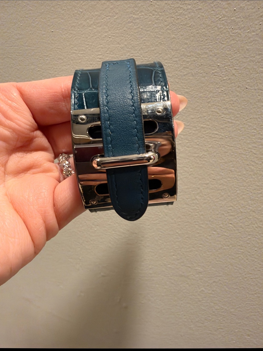 Hermes Blue Leather and Silver Cuff Bracelet